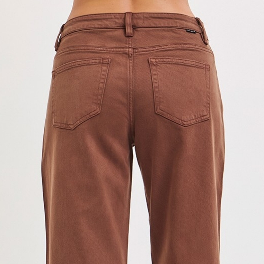 RISEN Mid-Rise Tummy Control Barrel Jeans Baggy Leg Rolled Hem Denim Pants Brown - Picture 7 of 16